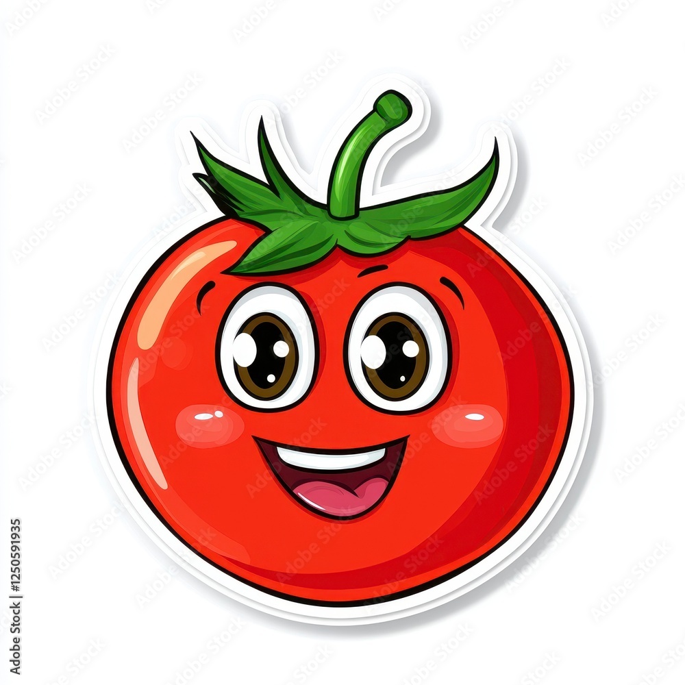 Obraz premium Cute Cartoon Tomato Character with Happy Expression and Green Leaves