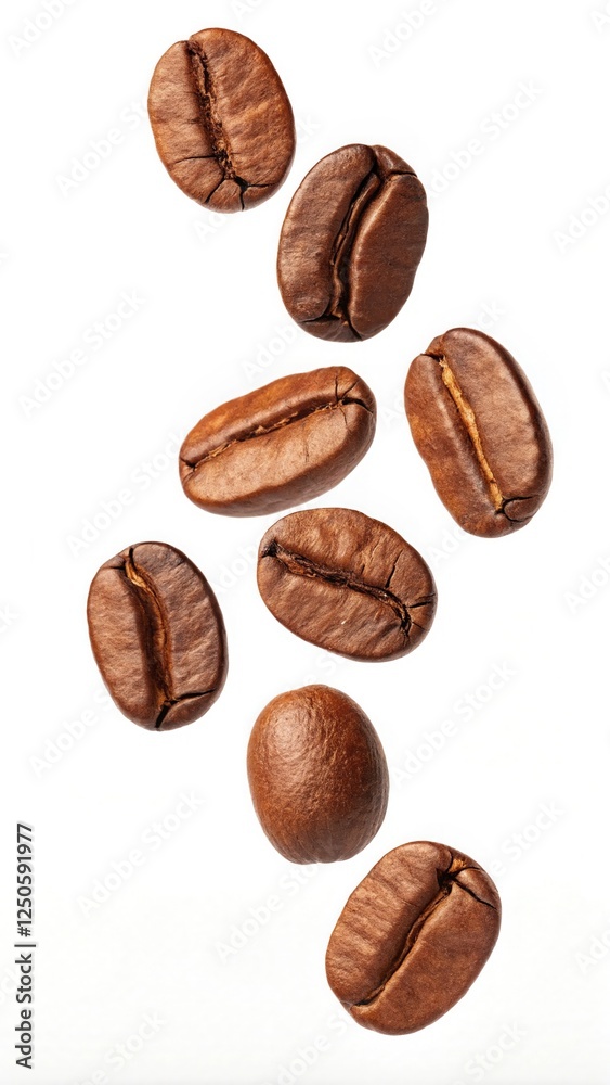 Coffee beans falling on a white background, creating a dynamic and fresh coffee scene. Coffee beans falling on a white background, creating a dynamic and fresh coffee scene.