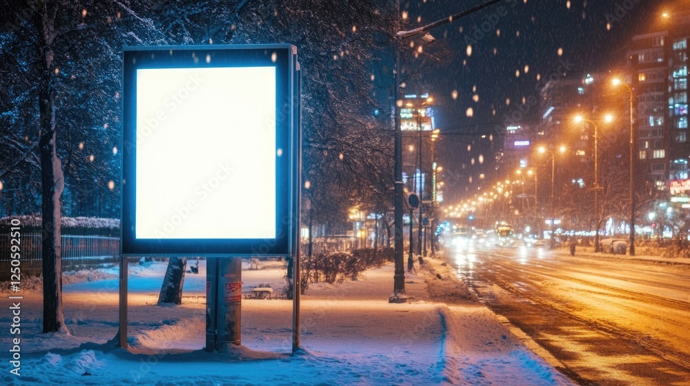 Blank lightbox billboard on snowy city street at night with illuminated street lamps and falling snow for advertisement mockup. Blank lightbox billboard on snowy city street at night with illuminated street lamps and falling snow for advertisement mockup.