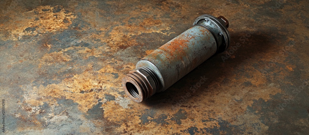 Obraz premium Rusty old clutch slave cylinder resting on a textured brown floor showcasing corrosion and wear in an automotive context.