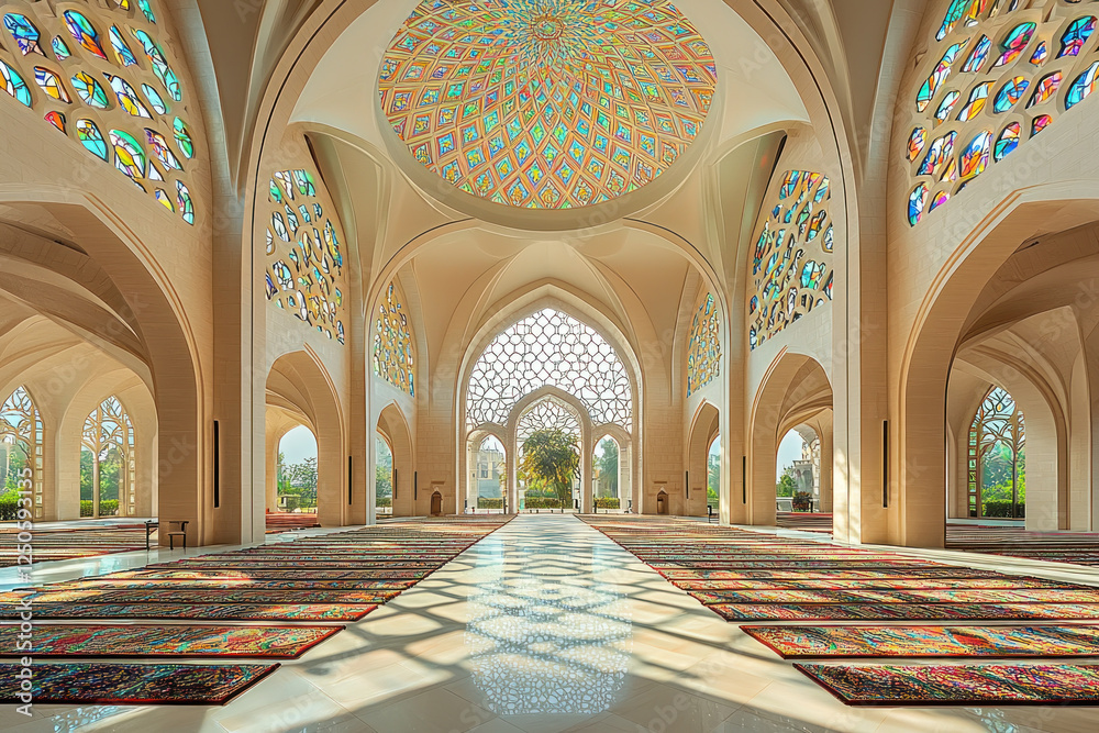 Obraz premium Grand mosque interior, stained glass dome, prayer rugs, sunlight