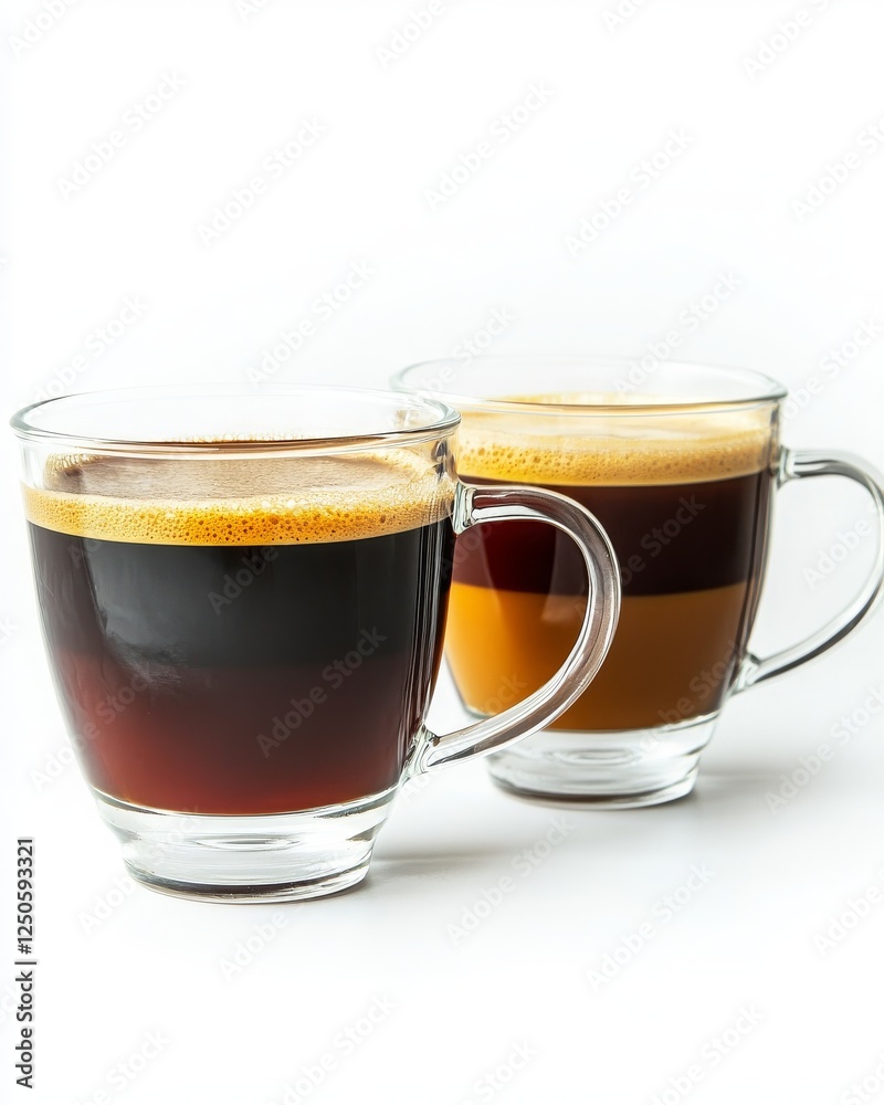 Two Glass Cups of Coffee with Rich Layers of Dark and Light Brew Showcasing the Art of Brewing with a Crisp White Background for a Clean and Fresh Look Two Glass Cups of Coffee with Rich Layers of Dark and Light Brew Showcasing the Art of Brewing with a Crisp White Background for a Clean and Fresh Look