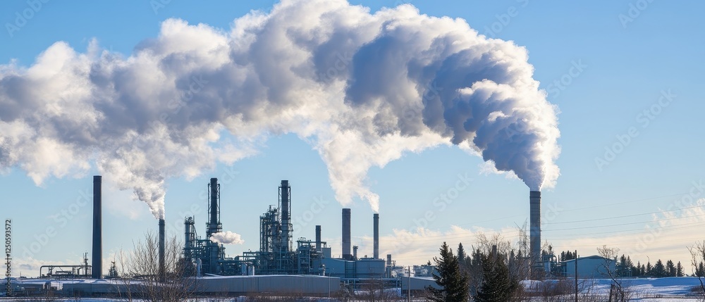 A large industrial complex emits thick smoke into a clear blue sky, showcasing the impact of manufacturing on the environment. A large industrial complex emits thick smoke into a clear blue sky, showcasing the impact of manufacturing on the environment.