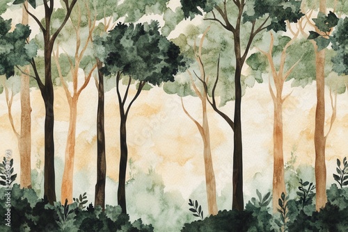 Hand painted watercolor pattern featuring serene forest landscapes ideal for nature lovers and interior design accents