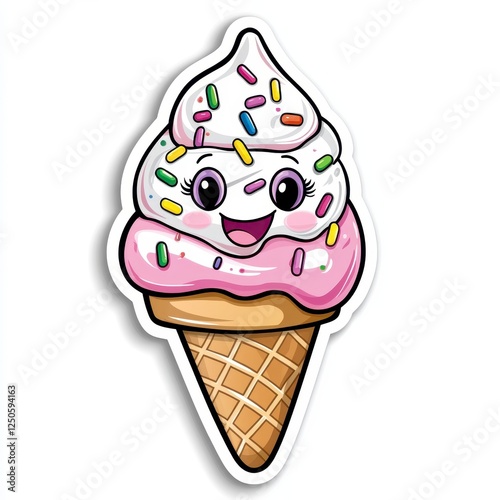 Cute Cartoon Ice Cream Cone with Smiling Face and Colorful Sprinkles