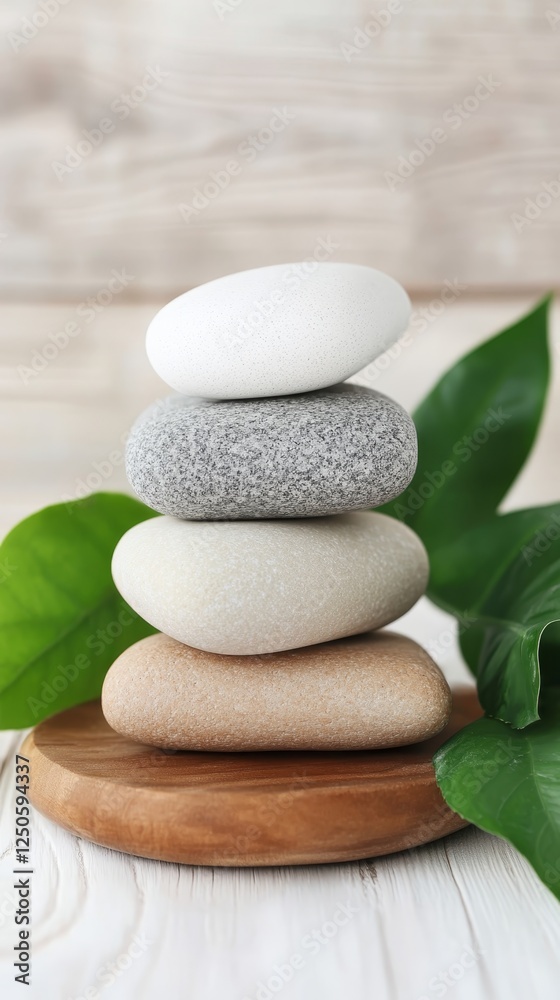 Stones stacked harmoniously on a wooden coaster surrounded by green leaves in a serene setting Stones stacked harmoniously on a wooden coaster surrounded by green leaves in a serene setting