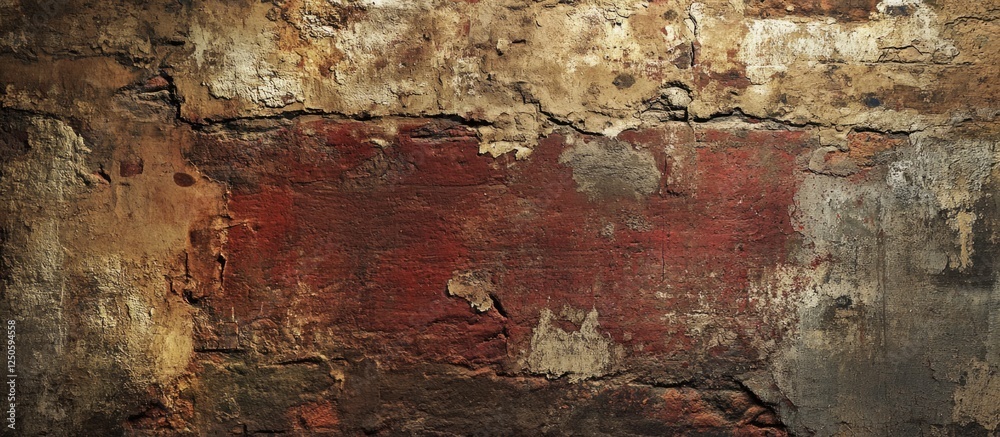 Fototapeta premium Weathered brick wall with peeling paint and rough textures, ideal for background applications and vintage design projects.