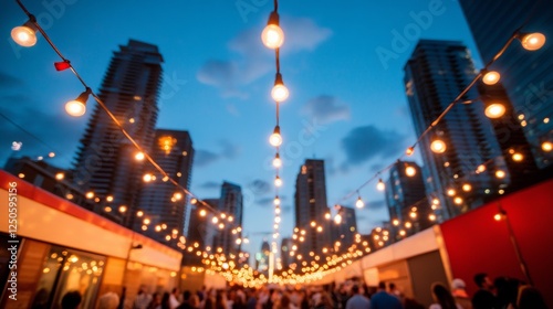 Urban Festival Atmosphere String Lights Over Evening Gathering in Urban Skyline - Contemporary Event Content and Community Engagement for Social Connectivity