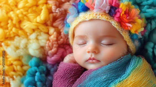 Newborn Baby Peacefully Sleeping Wrapped in Colorful Textiles with Floral Headband photo
