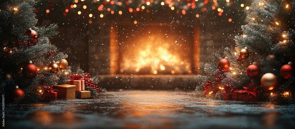 Festive New Year and Christmas scene with decorated trees, glowing fireplace, and sparkling ornaments creating a warm holiday atmosphere Festive New Year and Christmas scene with decorated trees, glowing fireplace, and sparkling ornaments creating a warm holiday atmosphere