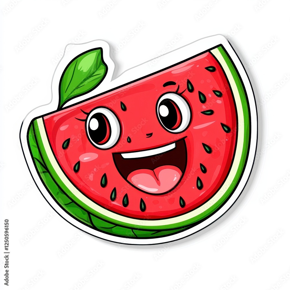 Cute Cartoon Watermelon Character with Cheerful Expression and Leaf Cute Cartoon Watermelon Character with Cheerful Expression and Leaf