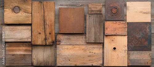 Textured background of assorted old wooden boards in various shapes and configurations for rustic and vintage design use photo