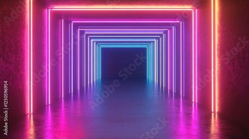 Vibrant Neon Tunnel with Abstract Light Effects in a Dark Environment for Futuristic Backgrounds and Designs