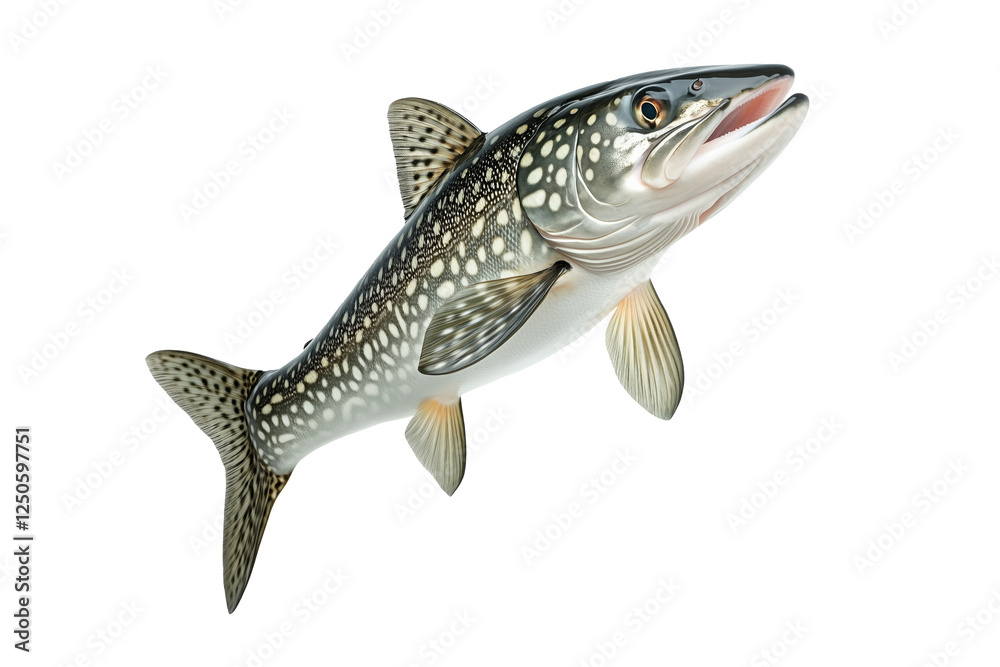 Fototapeta premium Detailed northern pike fish with spotted scales, fins and sharp jaw isolated on white transparent background, concept of aquatic life