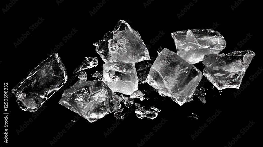 Shattered Ice Cubes on Black Background: A Stunning Close-Up Shattered Ice Cubes on Black Background: A Stunning Close-Up