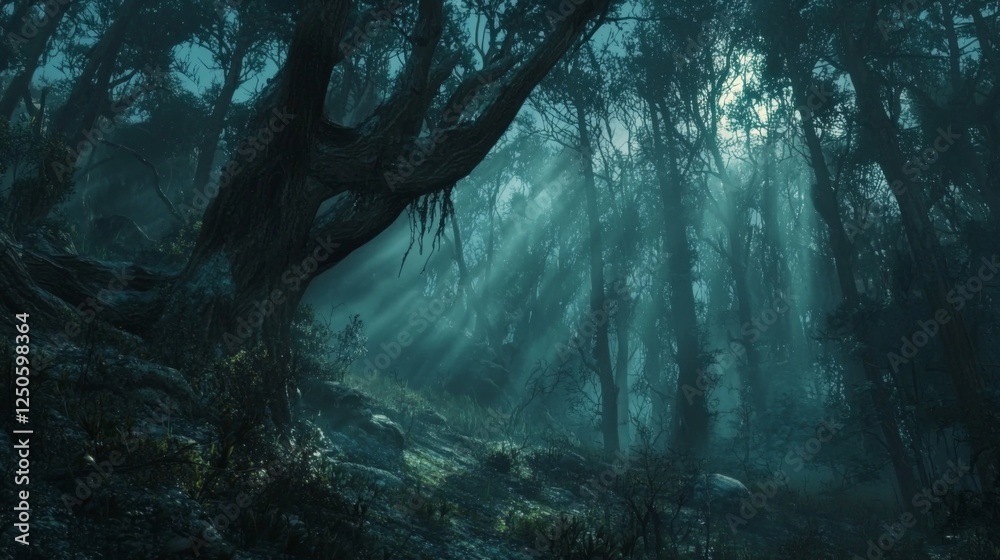 Obraz premium A moody forest background with sunlight peeking through dense fog and tall trees. --chaos 20 --ar 16:9 --quality 2 --v 6.1 Job ID: e7154685-719c-48f1-b79f-522874dbae37