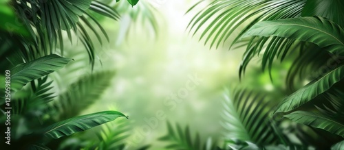 Wallpaper Mural Lush tropical foliage with soft green blur creates a serene natural background ideal for relaxation and peaceful settings Torontodigital.ca