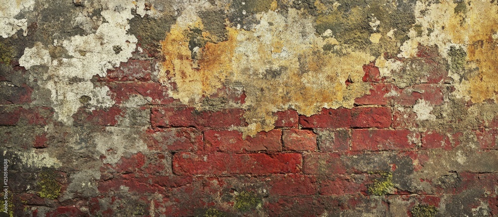 Fototapeta premium Aged brick wall with peeling paint and moss creating a textured grunge background for vintage or rustic themed designs.