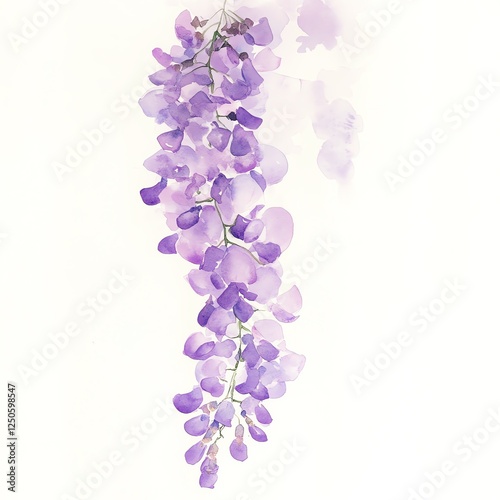 Beautiful watercolor illustration of hanging purple wisteria flowers.