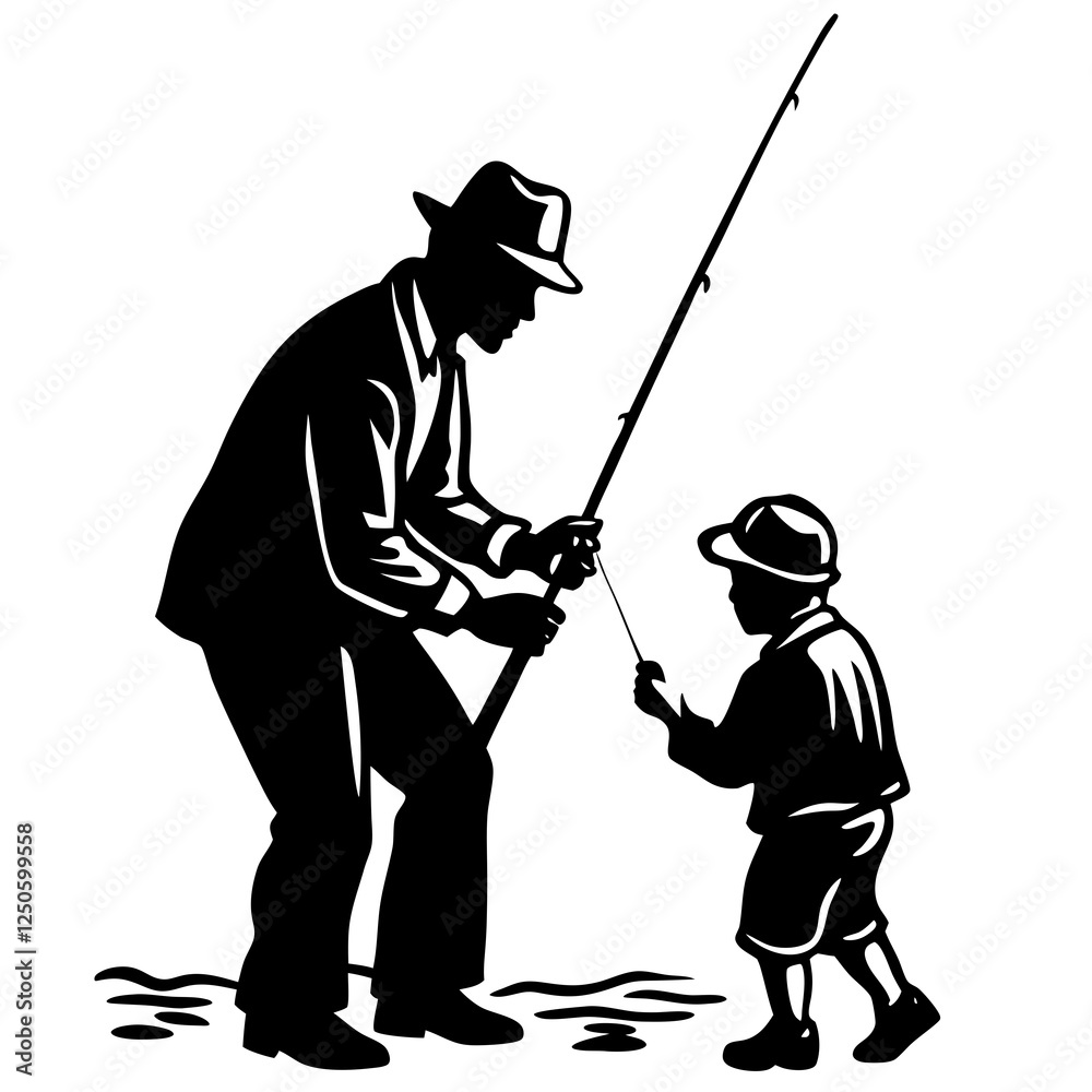 Father teaching child how to fish silhouette vector illustration Father teaching child how to fish silhouette vector illustration