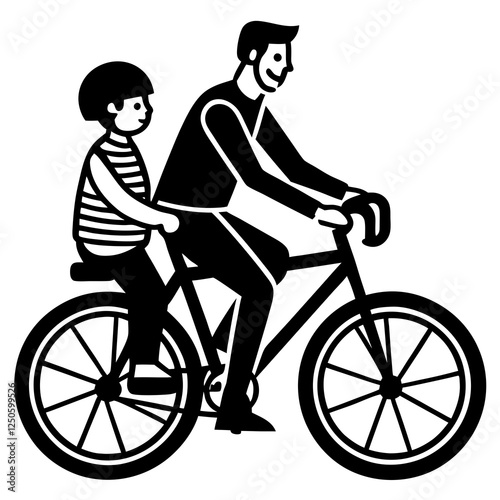 Father riding a bicycle with child in the backseat