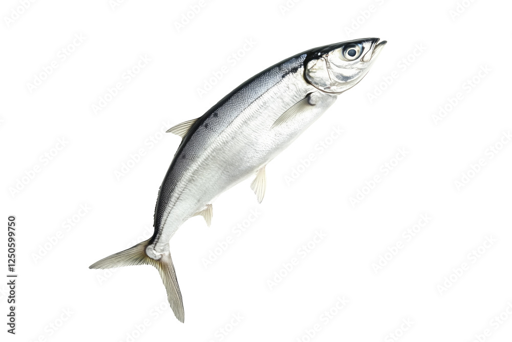 Fresh sardine fish with detailed scales and fins isolated on white transparent background, symbolizing canned seafood Fresh sardine fish with detailed scales and fins isolated on white transparent background, symbolizing canned seafood