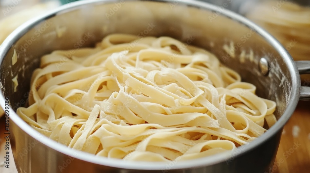 Freshly Made Fettuccine Noodles in Stainless Steel Pot Ready for Cooking and Culinary Creations Freshly Made Fettuccine Noodles in Stainless Steel Pot Ready for Cooking and Culinary Creations