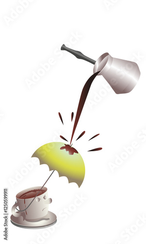 coffee from a coffee pot is poured onto an umbrella held by a grotesque-style cup