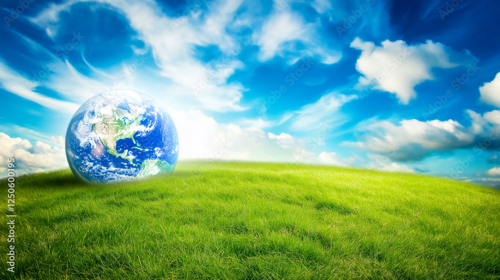 Fresh Earth Globe Resting on a Bright Green Field Under a Clear Blue Sky, Symbolizing Environmental Sustainability, Nature Conservation, and a Green Future Fresh Earth Globe Resting on a Bright Green Field Under a Clear Blue Sky, Symbolizing Environmental Sustainability, Nature Conservation, and a Green Future