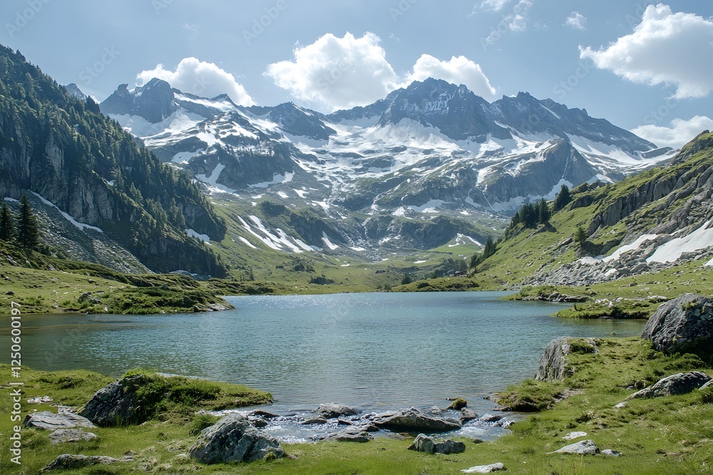 Alpine lake serene view, snow-capped mountains, sunny day, travel poster