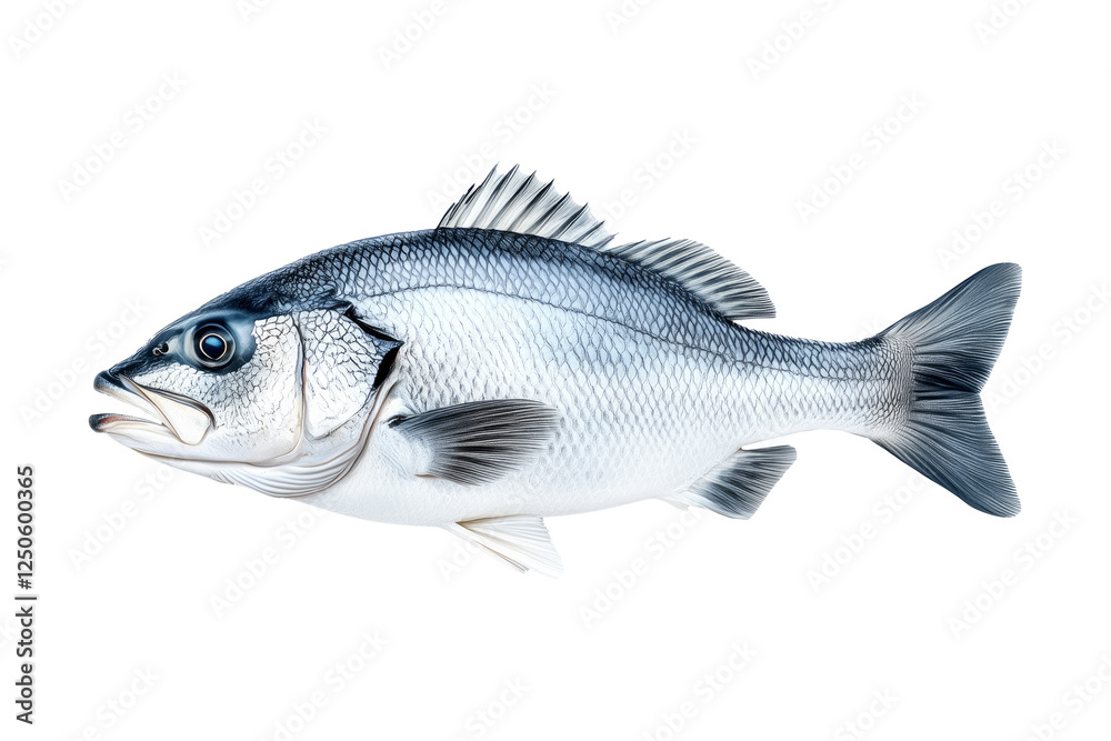 Silver sea bass fish isolated on white transparent background, showcasing its shiny scales and natural texture. Silver sea bass fish isolated on white transparent background, showcasing its shiny scales and natural texture.