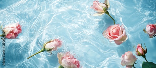 Floral mockup with fresh pink rose buds floating on a gentle water wave background creating a serene and natural aesthetic photo