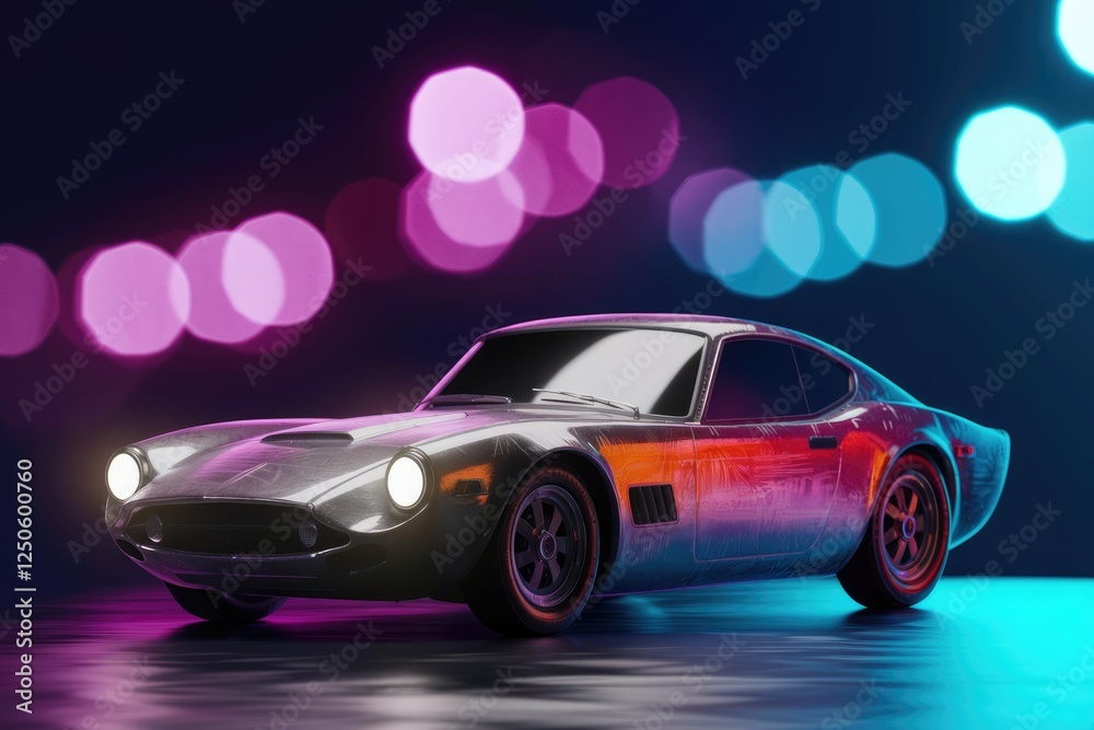 Naklejka premium A sleek, vintage sports car, bathed in vibrant neon lights, exudes classic style and futuristic allure.