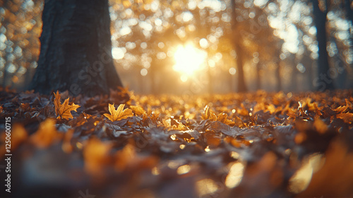 Golden autumn leaves cover the forest floor under a bright sunlight, creating a peaceful and vibrant seasonal atmosphere photo