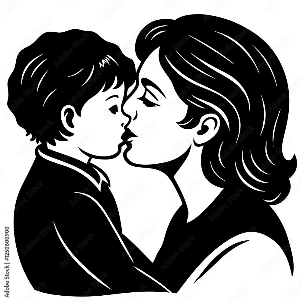 Mother kissing child on the forehead silhouette vector illustration Mother kissing child on the forehead silhouette vector illustration
