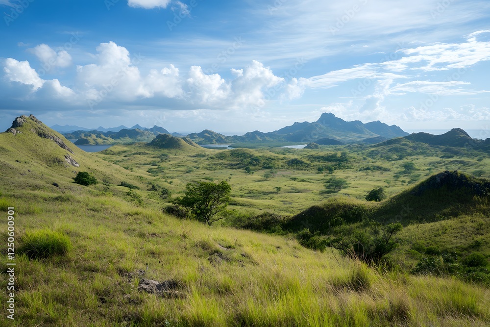 Tropical hillside, panoramic view, island landscape, sunny day, travel brochure Tropical hillside, panoramic view, island landscape, sunny day, travel brochure