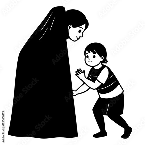  Mother playing hide and seek with child silhouette vector illustration 