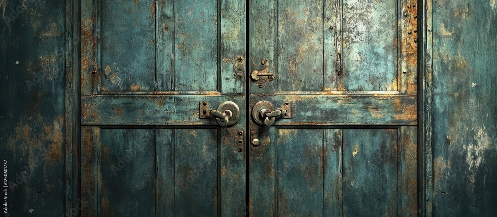 Fototapeta premium Weathered painted metal door with intricate locks, showcasing a rustic texture and aged patina perfect for artistic backgrounds.