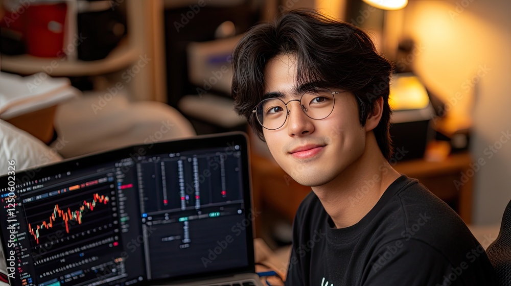 Young man smiles at camera, trading stocks on laptop at home Young man smiles at camera, trading stocks on laptop at home