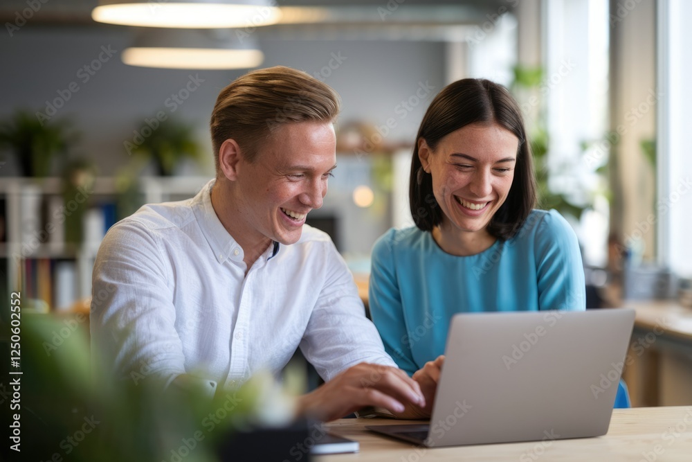Two smiling colleagues collaborate on a laptop, enjoying teamwork and a shared success. Two smiling colleagues collaborate on a laptop, enjoying teamwork and a shared success.