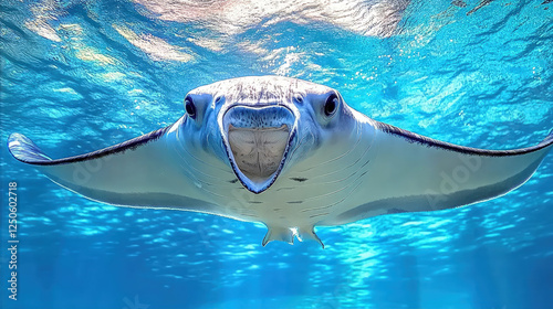 A close-up of a manta ray swimming gracefully underwater in vibrant blue ocean, showcasing its unique shape and elegance photo