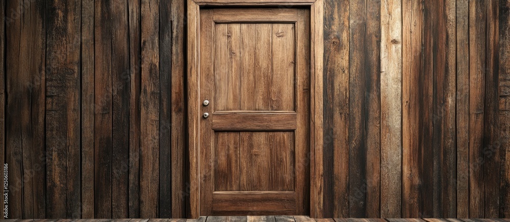 Rustic wooden door with smooth texture against a weathered wood wall perfect for backgrounds in architectural or design projects Rustic wooden door with smooth texture against a weathered wood wall perfect for backgrounds in architectural or design projects