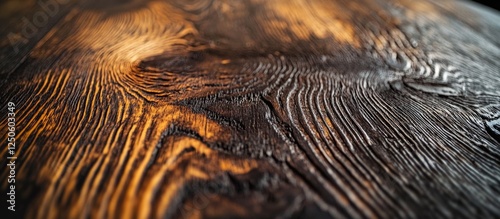 Rustic wooden table with textured grain and dark stains for backgrounds or design projects. photo