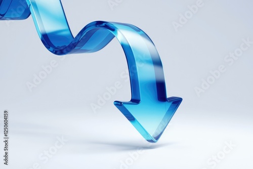 A 3D rendered blue glass arrow curving downwards, symbolizing decline or decrease.