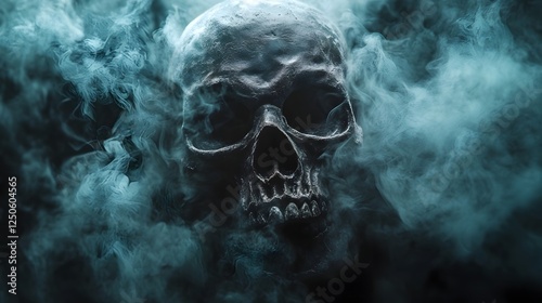 Haunting Skull Silhouette Emerging from Thick Mist or Smoke Against a Moody Atmospheric Background with Ominous Mysterious Overtones photo