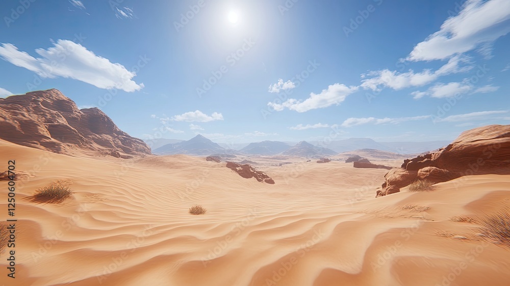 Fototapeta premium Sunny desert landscape, vast dunes, rocky mountains, clear sky, travel background