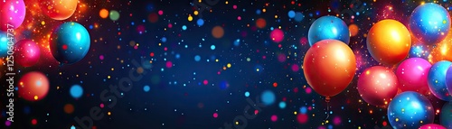 Colorful balloons float, confetti falls, dark background; celebration banner