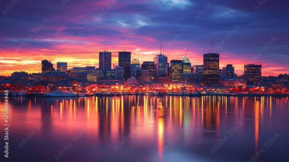 Naklejka premium Cityscape View from High-Rise Balcony at Sunset