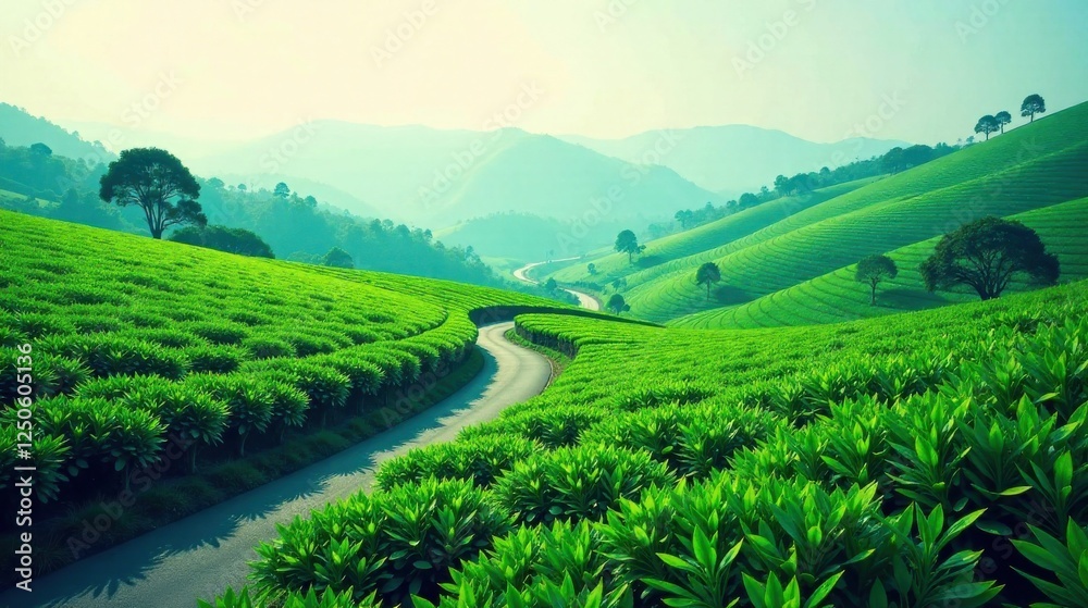 Fototapeta premium Serene Winding Road Through Lush Green Tea Plantations on Rolling Hills