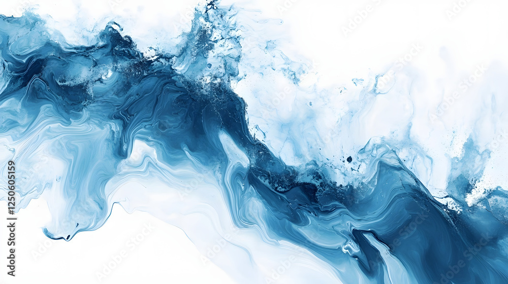 Mesmerizing abstract art composition featuring fluid swirling motions in a dynamic interplay of deep blue and ethereal white hues
